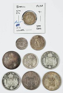 Group of Nine Silver Brazilian Coins