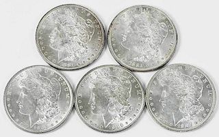 Five Uncirculated Philadelphia Morgan Dollars