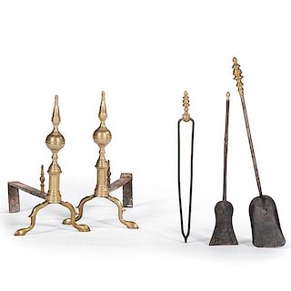 Steeple-Top Brass Andirons and Fireplace Tools 