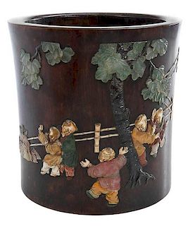 Wooden Brush Pot With Hardstone Inlay