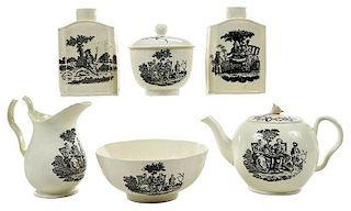 Six Tea Party Transfer Decorated Creamware Items