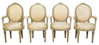 Four Louis XVI Style Upholstered Arm Chairs
