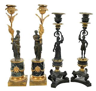 Two Pairs Gilt Bronze Figural Candlesticks