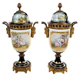 Near Pair of Sevres Style Lidded Urns