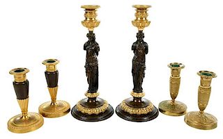 Three Pairs French Gilt Bronze Candlesticks