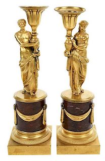 Pair Empire Bronze and  Marble Candlesticks