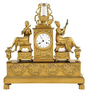 French Empire Gilt Bronze Figural Mantel Clock