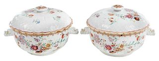 Pair Continental Covered Porcelain Bowls