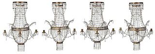 Four Brass and Crystal Wall Sconces
