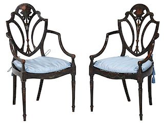 Pair Adam Paint Decorated Shield Back Armchairs