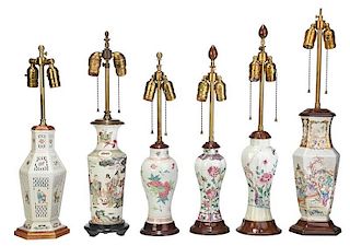 Six Chinese Export Vases Converted to Lamps