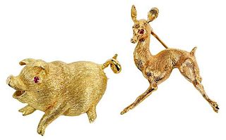 Two 18kt. Gemstone Animal Brooches