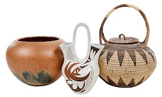 Two Southwestern Pots with Lidded Basket