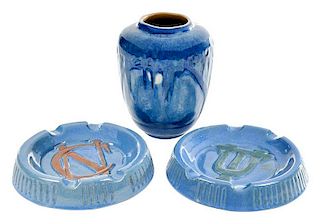 Newcomb Pottery High Glaze Vase; Two Ashtrays