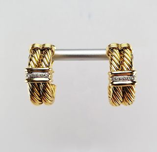 14 K Gold & Diamond Rope Style Hoop Earrings