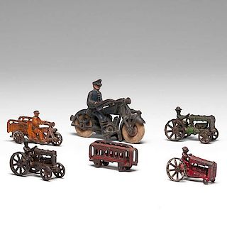 Hubley and Arcade Cast Iron Motorcycle and Tractor Toys, Plus 