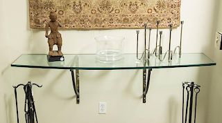 CONTEMPORARY WROUGHT-IRON AND GLASS-TOP WALL-MOUNTED CONSOLE