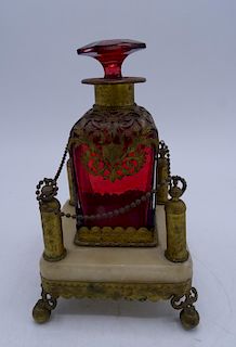 BRONZE MOUNTED CRANBERRY GLASS DECANTER