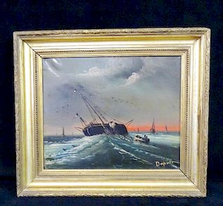 OIL ON CANVAS SHIP IN STORMY SEAS SGN. INDISTINCTLY