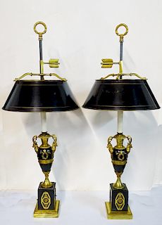 PR. BRONZE FIGURAL BOUILLOTTE LAMPS WITH TOLE SHADES 