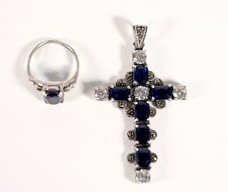 Sterling Silver & Sapphire Ring w/Cross Pendant