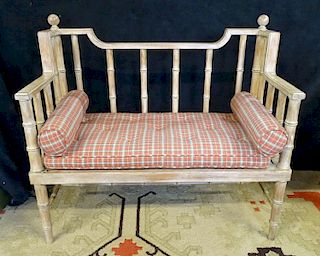 FAUX BAMBOO CANED BENCH WITH PLAID UPHOLSTERED CUSHIONS 