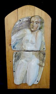 MID CENTURY CERAMIC RELIEF ON WOOD "WOMAN" SGN.