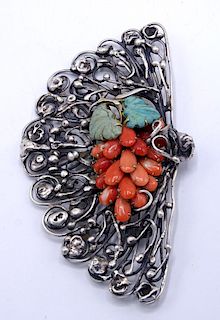 HUGE CHINESE STERLING SILVER, CORAL & TURQUOISE PIN