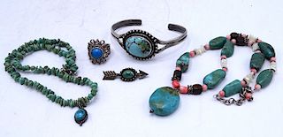 5 PCS. NATIVE AMERICAN STERLING SILVER & TURQUOISE JEWELRY