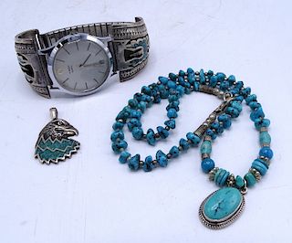 3 PCS. NATIVE AMERICAN STERLING SILVER & TURQUOISE JEWELRY