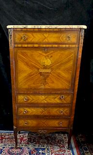 LOUIS XV STYLE BRONZE MOUNTED INLAID MARBLE TOP SECRETAIRE ABATTANT 