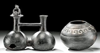 2 Chimu Blackware Vessels - Bowl & Double Chambered