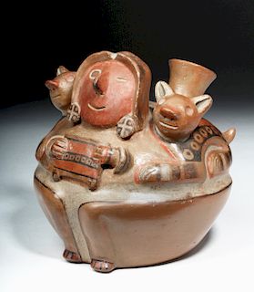 Very Fine Recuay Pottery Jar - Happy Figure & Jaguars