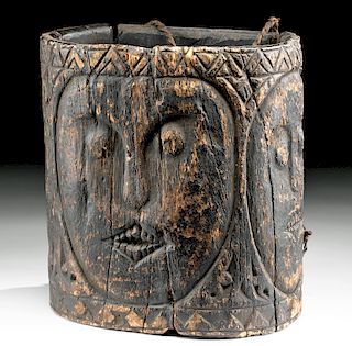 Early 20th C. Borneo Dayak Wood Tool Container w/ Faces