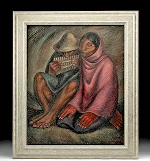 20th C. Mexican Oil on Board Painting - Rivera School