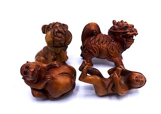 4 CARVED WOOD NETSUKES