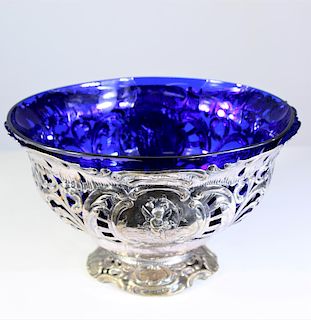 Footed Silver Bowl with Blue Glass 25 OZT