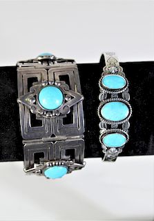 Two Mexican Turquoise & Sterling Silver Bracelets