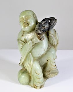 Chinese Jade Laughing Buddha Holding Fish