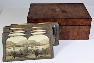 Burlwood Box & WWI  Stereo View Cards