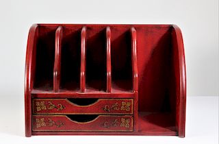 Chinese Red Laquerware Desk Set w Drawers