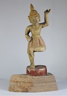 Thai Wood Carved Dancing Figure, Stone Base