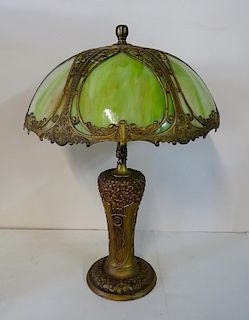 BENT PANEL SLAG GLASS  LAMP W/CHARLES PARKER BASE 