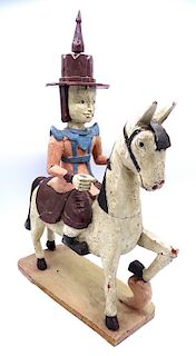CARVED & WOOD PAINTED HORSE & RIDER  