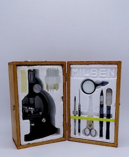 MILBEN MICROSCOPE IN WOOD CASE WITH SLIDES 