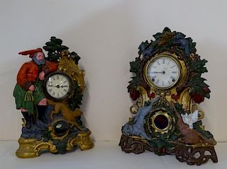 2 IRON FACE POLYCHROME CLOCKS WITH GAME MOTIF 