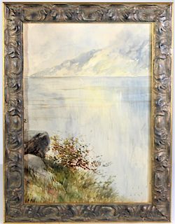 20th C. Watercolor on Board, Lake View