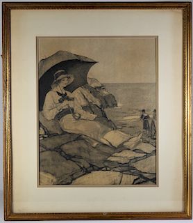 Early 20th C. Drawing, Woman Resting at the Beach