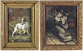 19th C. Dog Print and Cat Painting