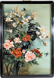 Japanese Reverse Painting of Birds & Flowers